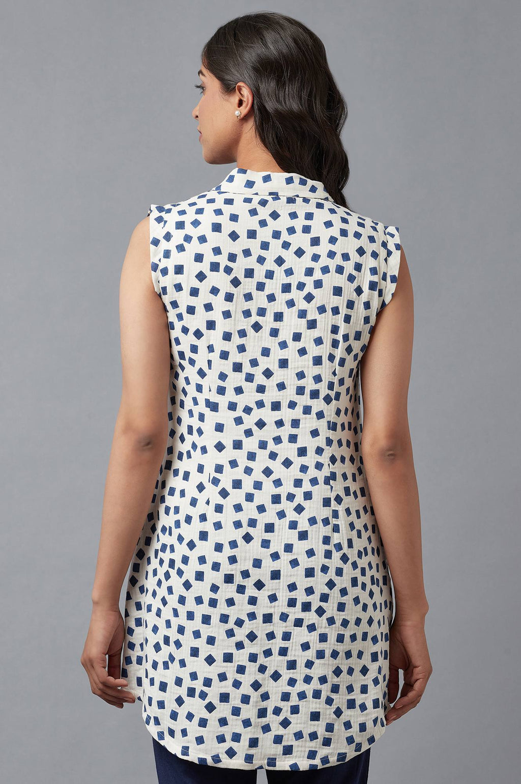 W for Woman Ecru And Blue Printed Lapel Collar Cotton Tunic | Grocsy