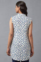 W for Woman Ecru And Blue Printed Lapel Collar Cotton Tunic | Grocsy