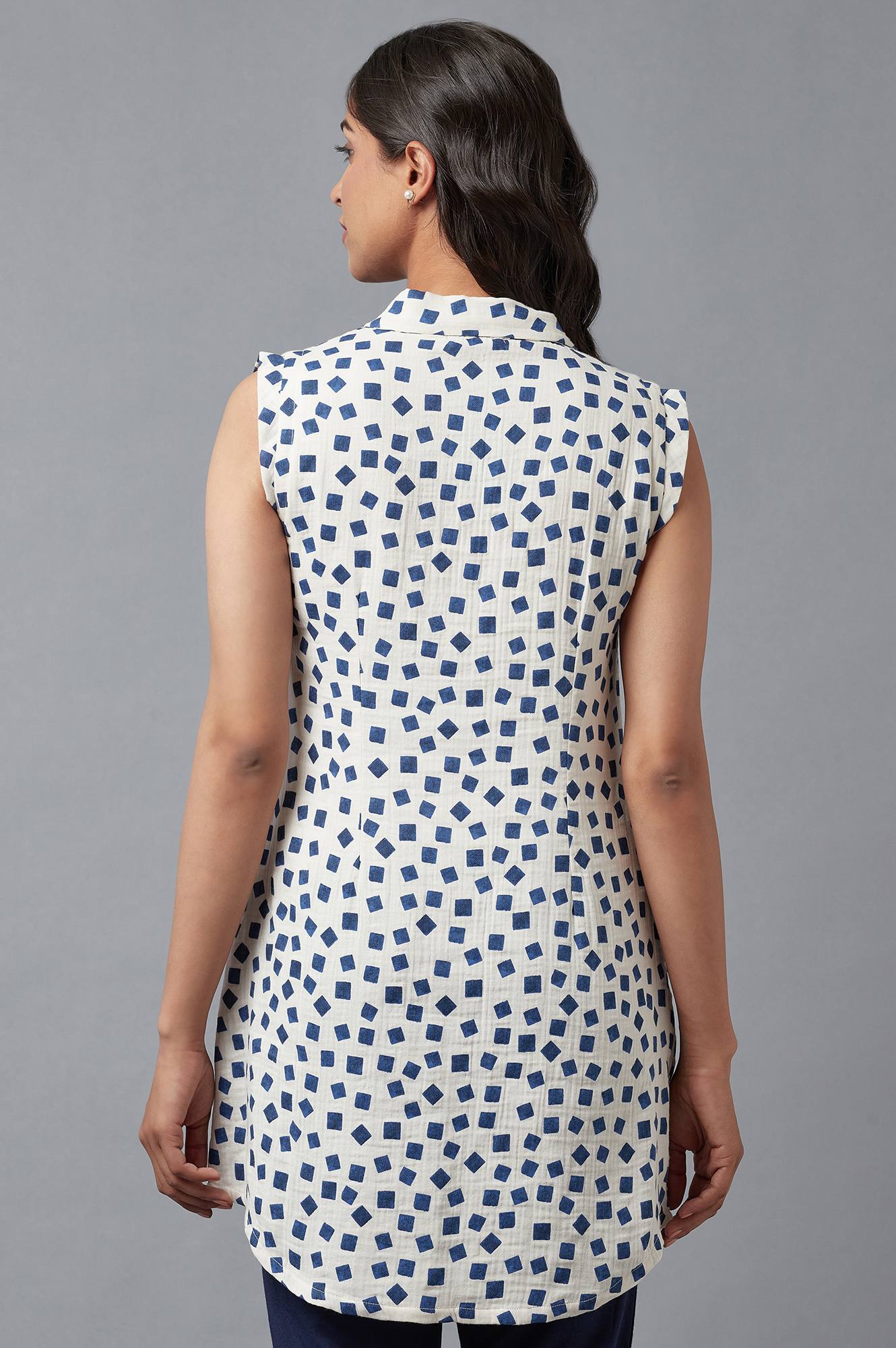 W for Woman Ecru And Blue Printed Lapel Collar Cotton Tunic | Grocsy