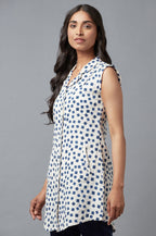 W for Woman Ecru And Blue Printed Lapel Collar Cotton Tunic | Grocsy