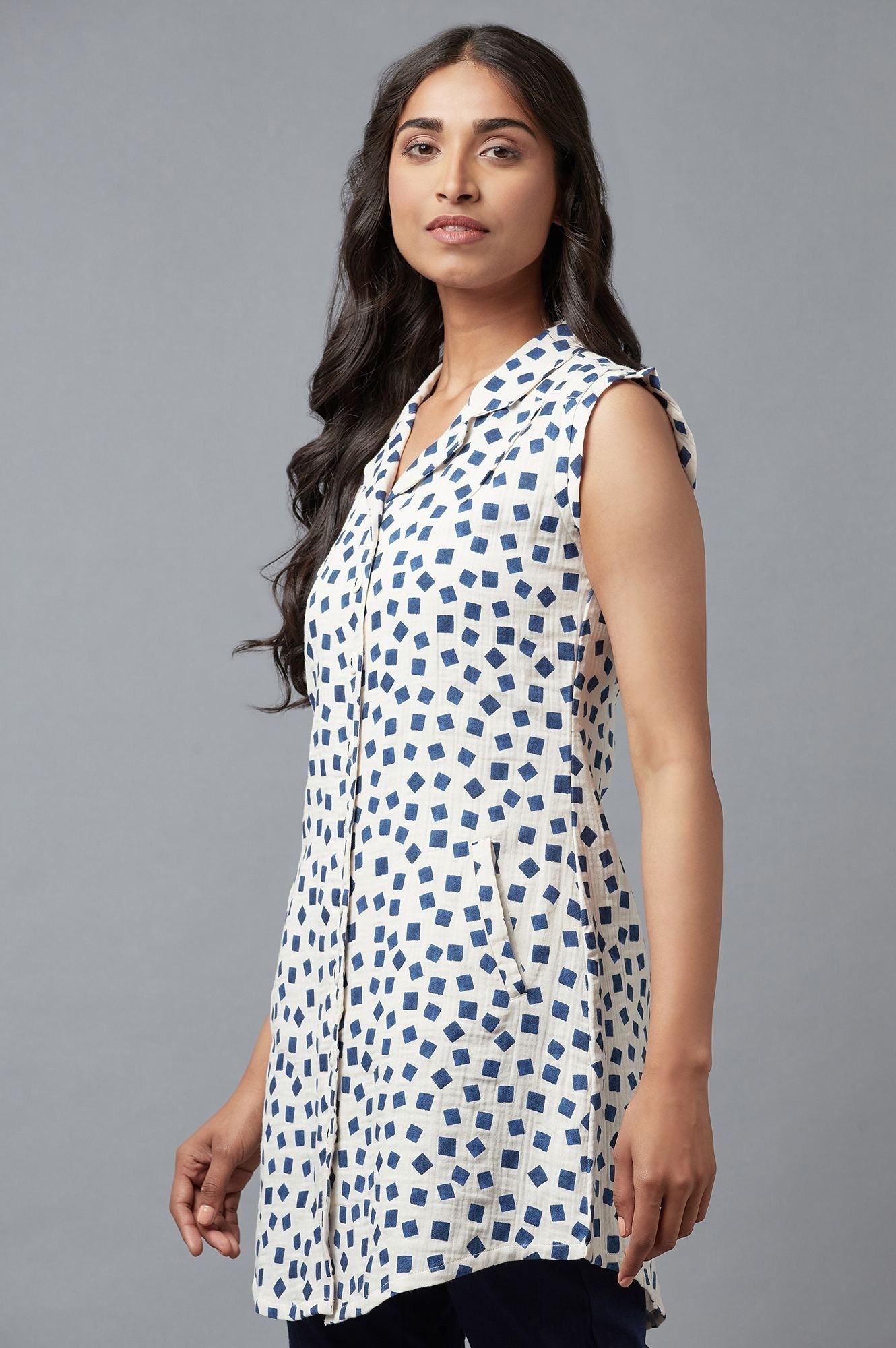 W for Woman Ecru And Blue Printed Lapel Collar Cotton Tunic | Grocsy