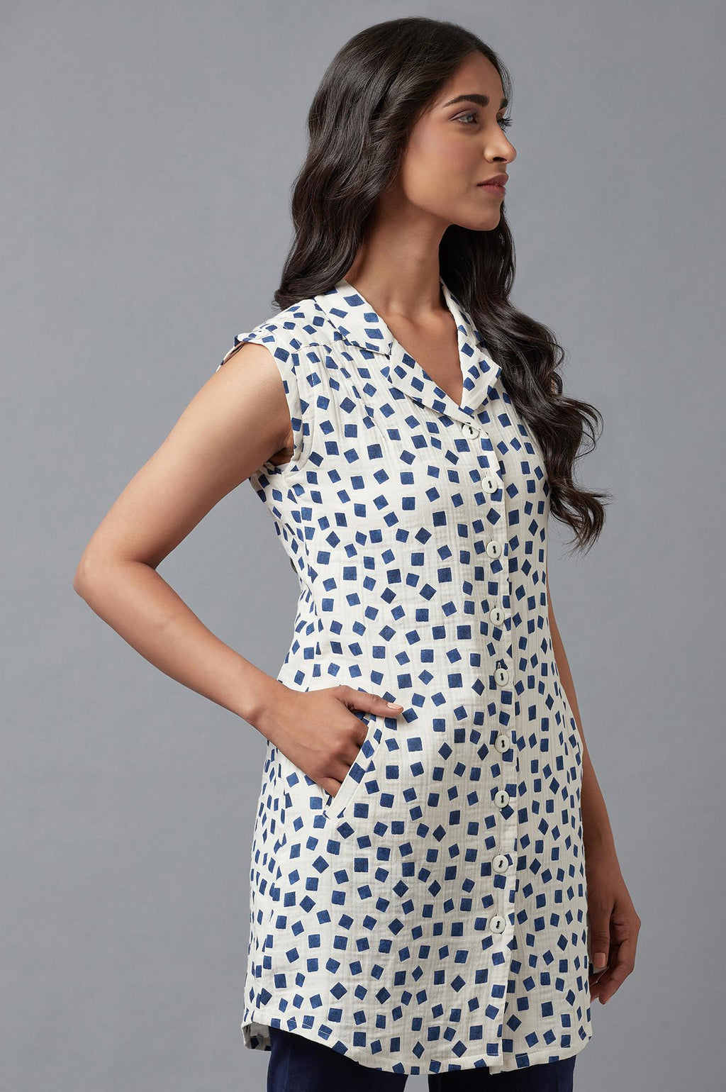 W for Woman Ecru And Blue Printed Lapel Collar Cotton Tunic | Grocsy