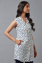 W for Woman Ecru And Blue Printed Lapel Collar Cotton Tunic | Grocsy