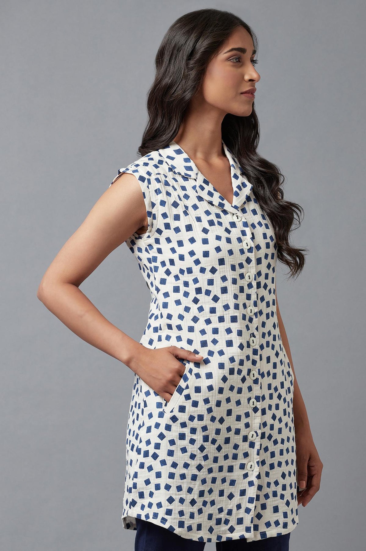 W for Woman Ecru And Blue Printed Lapel Collar Cotton Tunic | Grocsy
