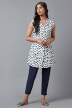 W for Woman Ecru And Blue Printed Lapel Collar Cotton Tunic | Grocsy