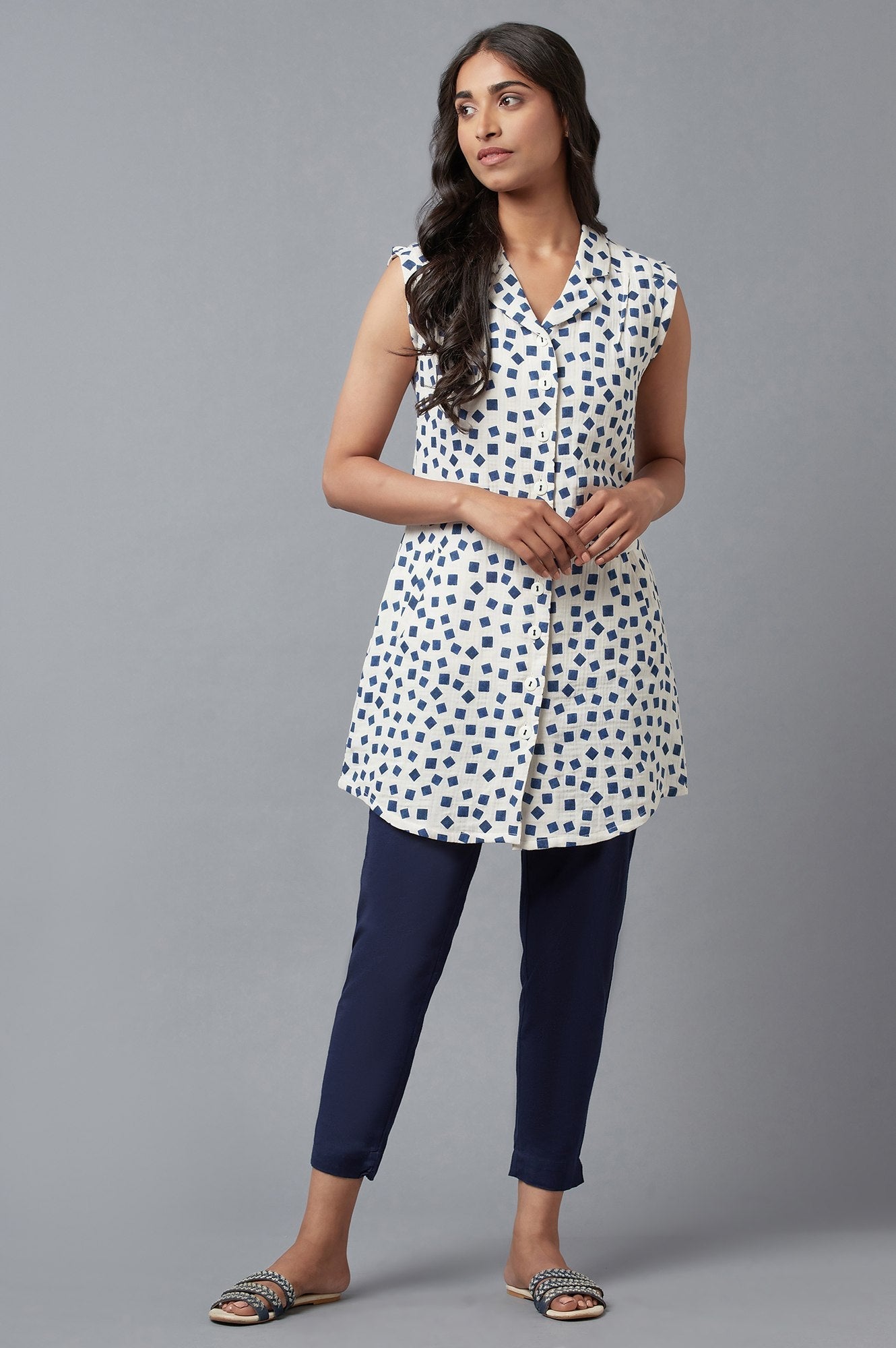 W for Woman Ecru And Blue Printed Lapel Collar Cotton Tunic | Grocsy