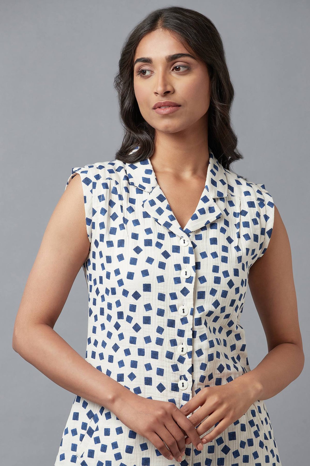 W for Woman Ecru And Blue Printed Lapel Collar Cotton Tunic | Grocsy