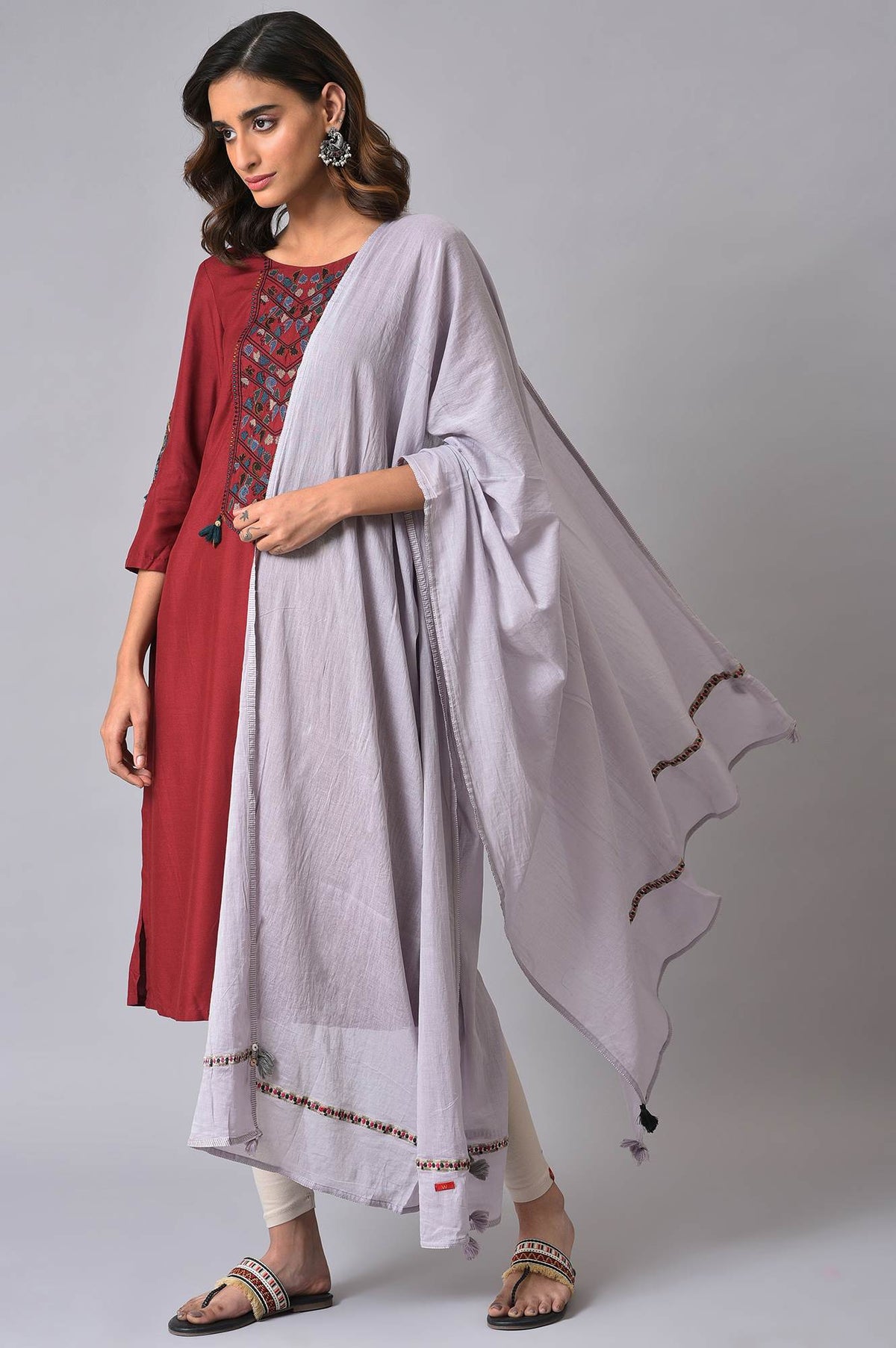 W for Woman Lilac Dupatta With Embroidery | Grocsy