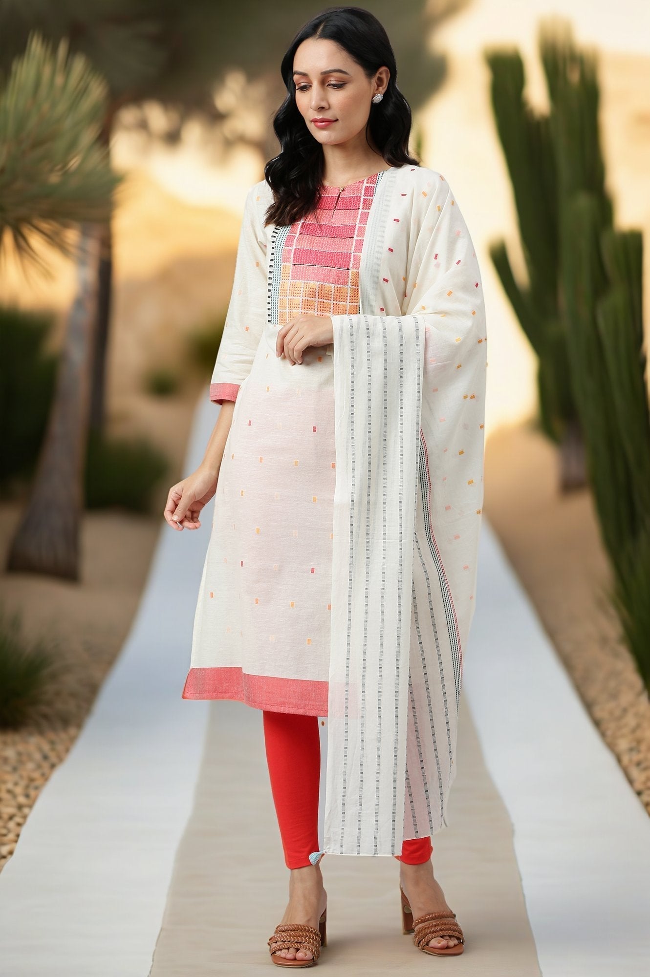 W for Woman White Cotton Dobby Straight Kurta, Leggings and Butta Dobby Dupatta Set | Grocsy