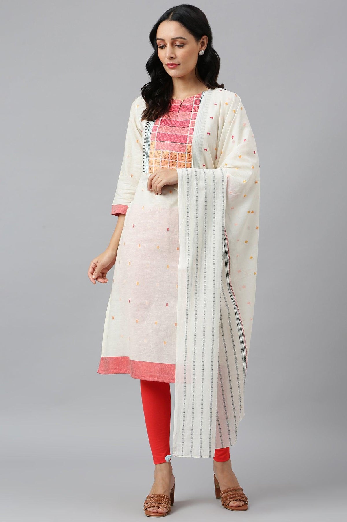 W for Woman White Cotton Dobby Straight Kurta, Leggings and Butta Dobby Dupatta Set | Grocsy