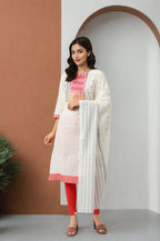 W for Woman White Cotton Dobby Straight Kurta, Leggings and Butta Dobby Dupatta Set | Grocsy
