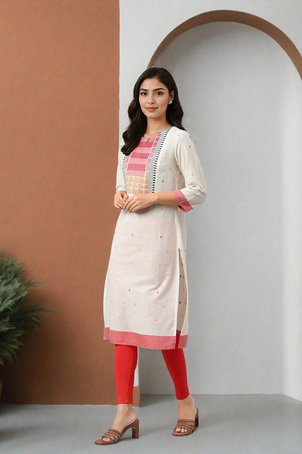 W for Woman White Cotton Dobby Straight Kurta, Leggings and Butta Dobby Dupatta Set | Grocsy