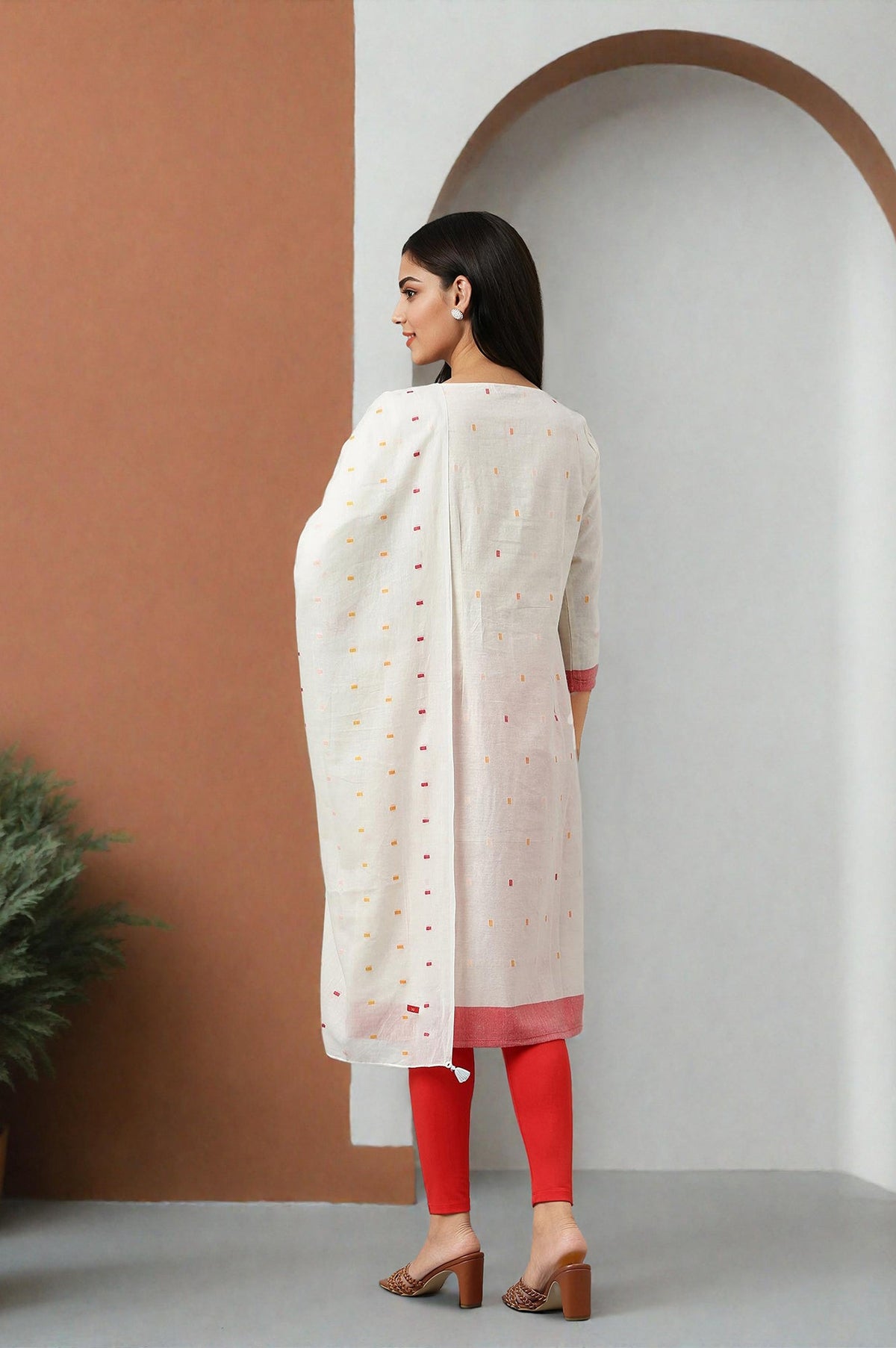 W for Woman White Cotton Dobby Straight Kurta, Leggings and Butta Dobby Dupatta Set | Grocsy