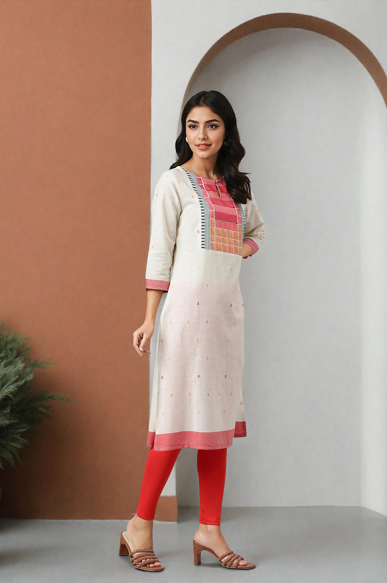 W for Woman White Cotton Dobby Straight Kurta, Leggings and Butta Dobby Dupatta Set | Grocsy