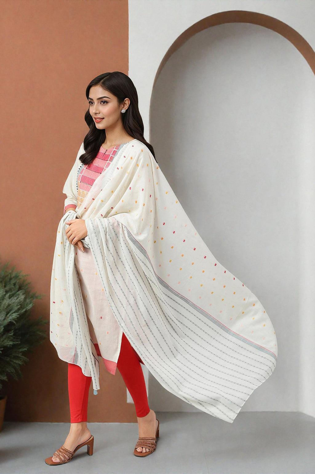W for Woman White Cotton Dobby Straight Kurta, Leggings and Butta Dobby Dupatta Set | Grocsy