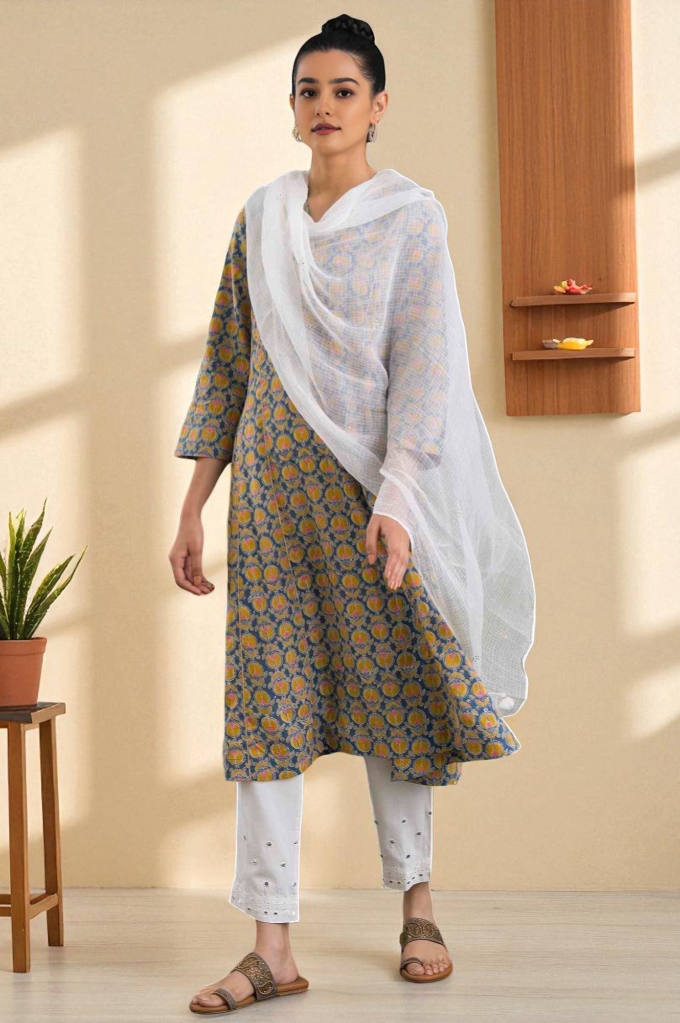 W for Woman Ecru Kota Doriya Mukaish Drape | Grocsy