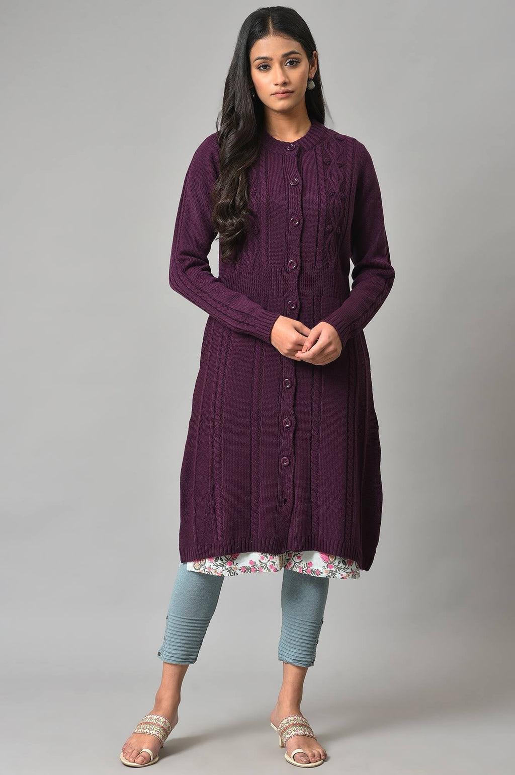 W for Woman Purple Button Down Woollen Cardigan | Grocsy