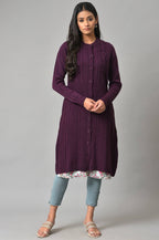 W for Woman Purple Button Down Woollen Cardigan | Grocsy