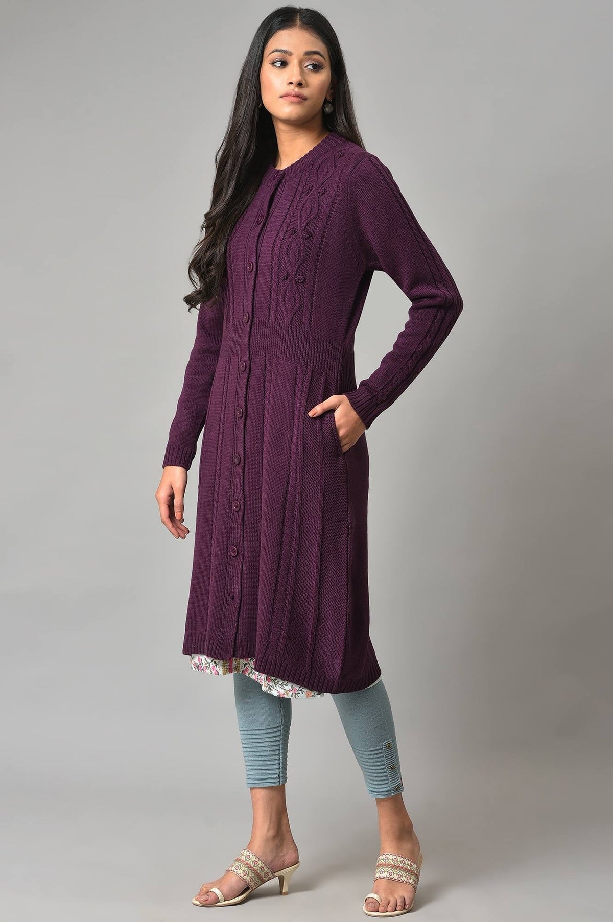 W for Woman Purple Button Down Woollen Cardigan | Grocsy