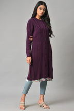 W for Woman Purple Button Down Woollen Cardigan | Grocsy
