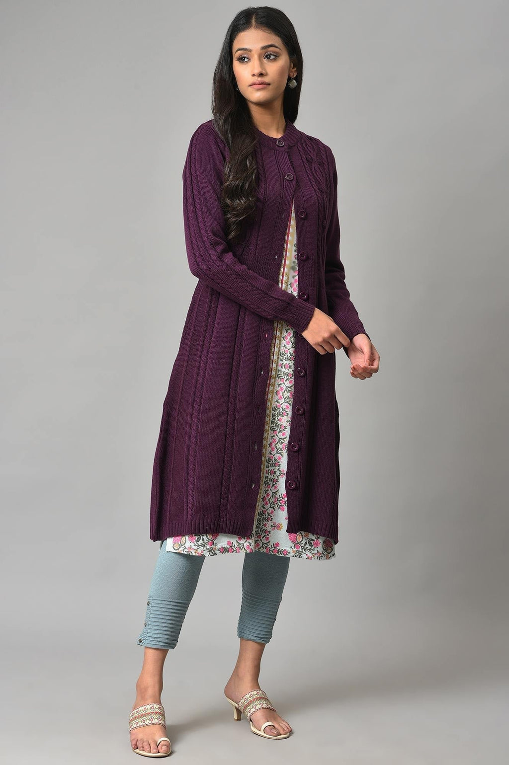 W for Woman Purple Button Down Woollen Cardigan | Grocsy