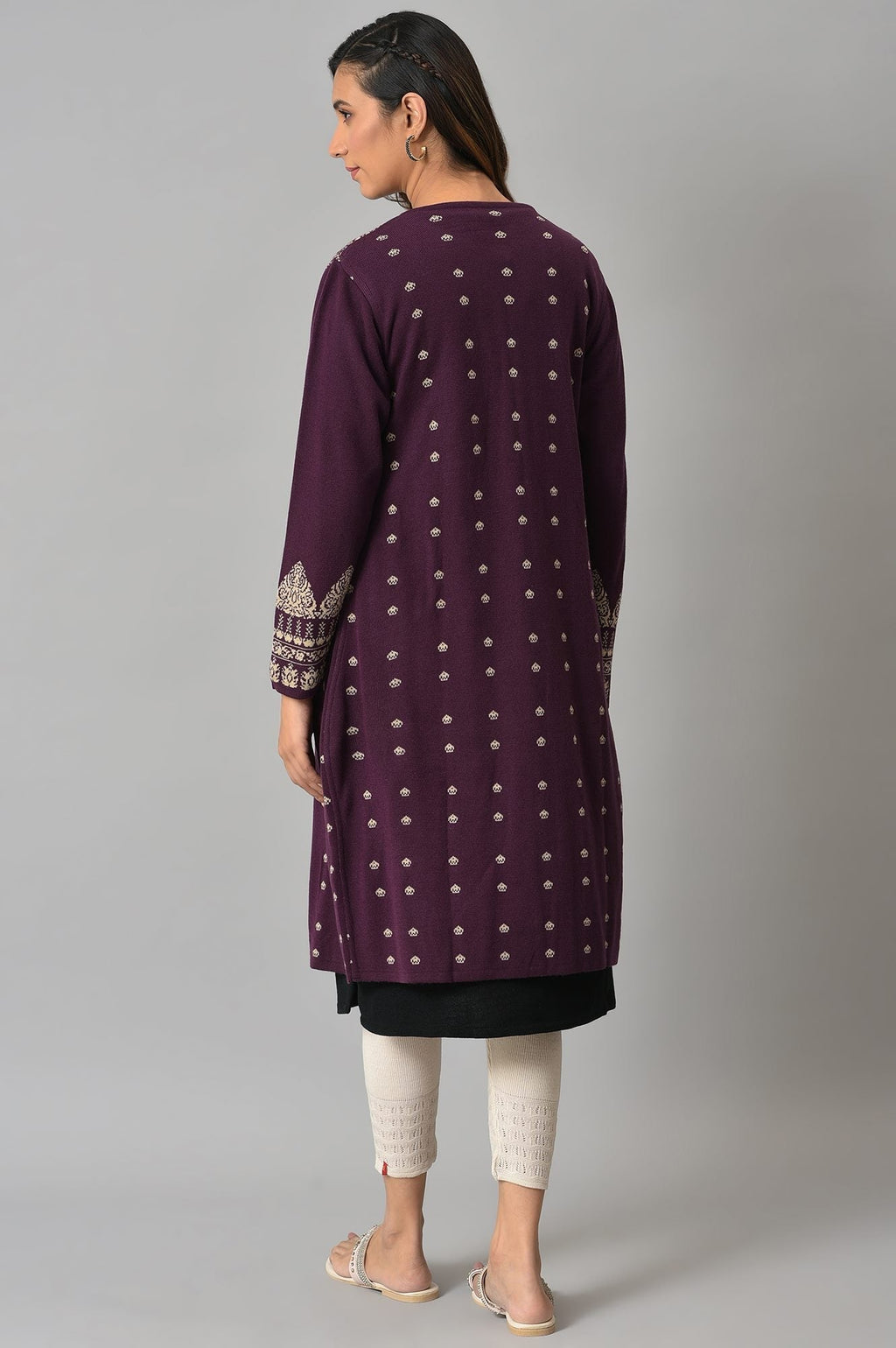 W for Woman Purple Reversible Jacqaurd Cardigan | Grocsy