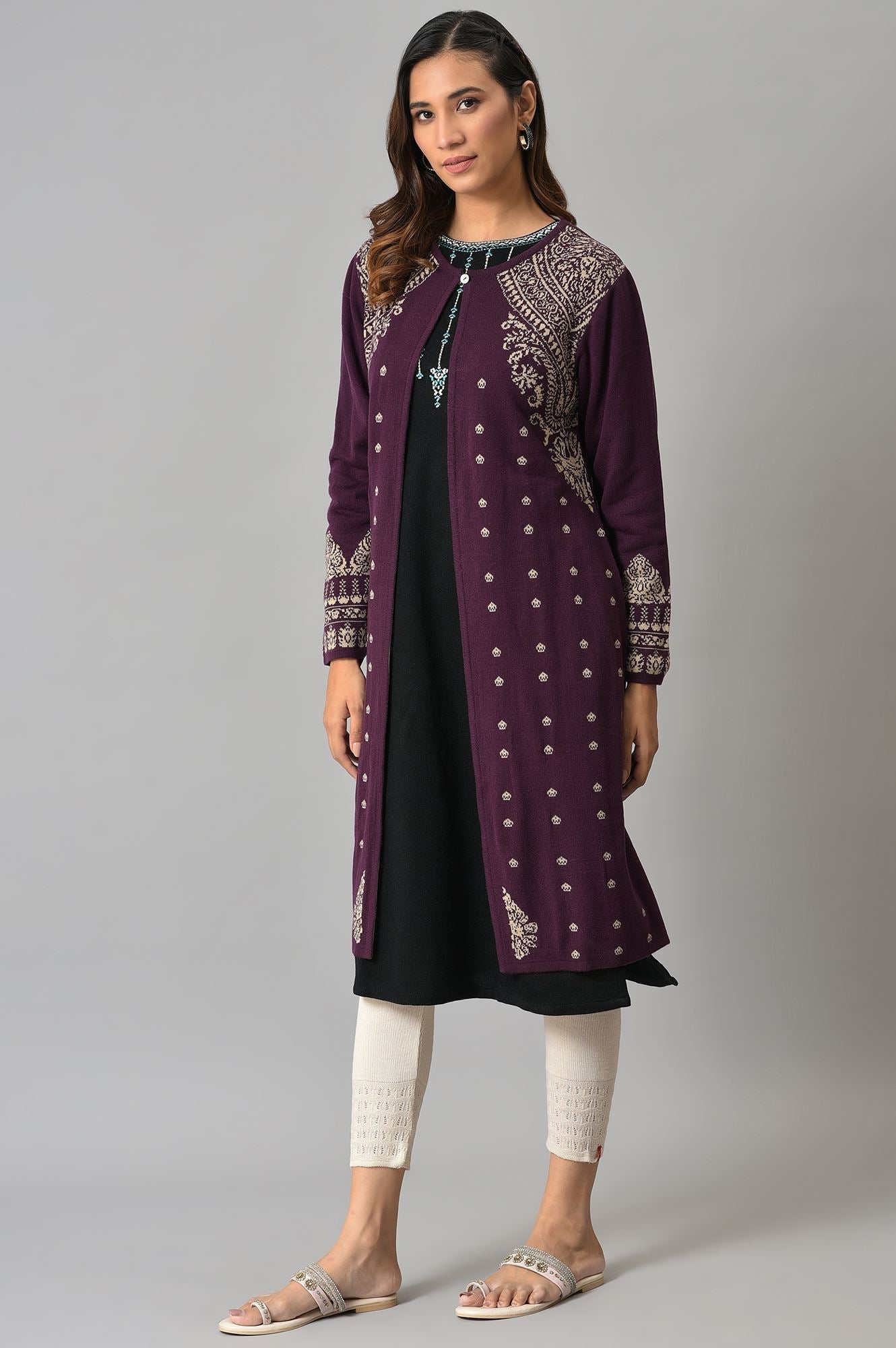 W for Woman Purple Reversible Jacqaurd Cardigan | Grocsy