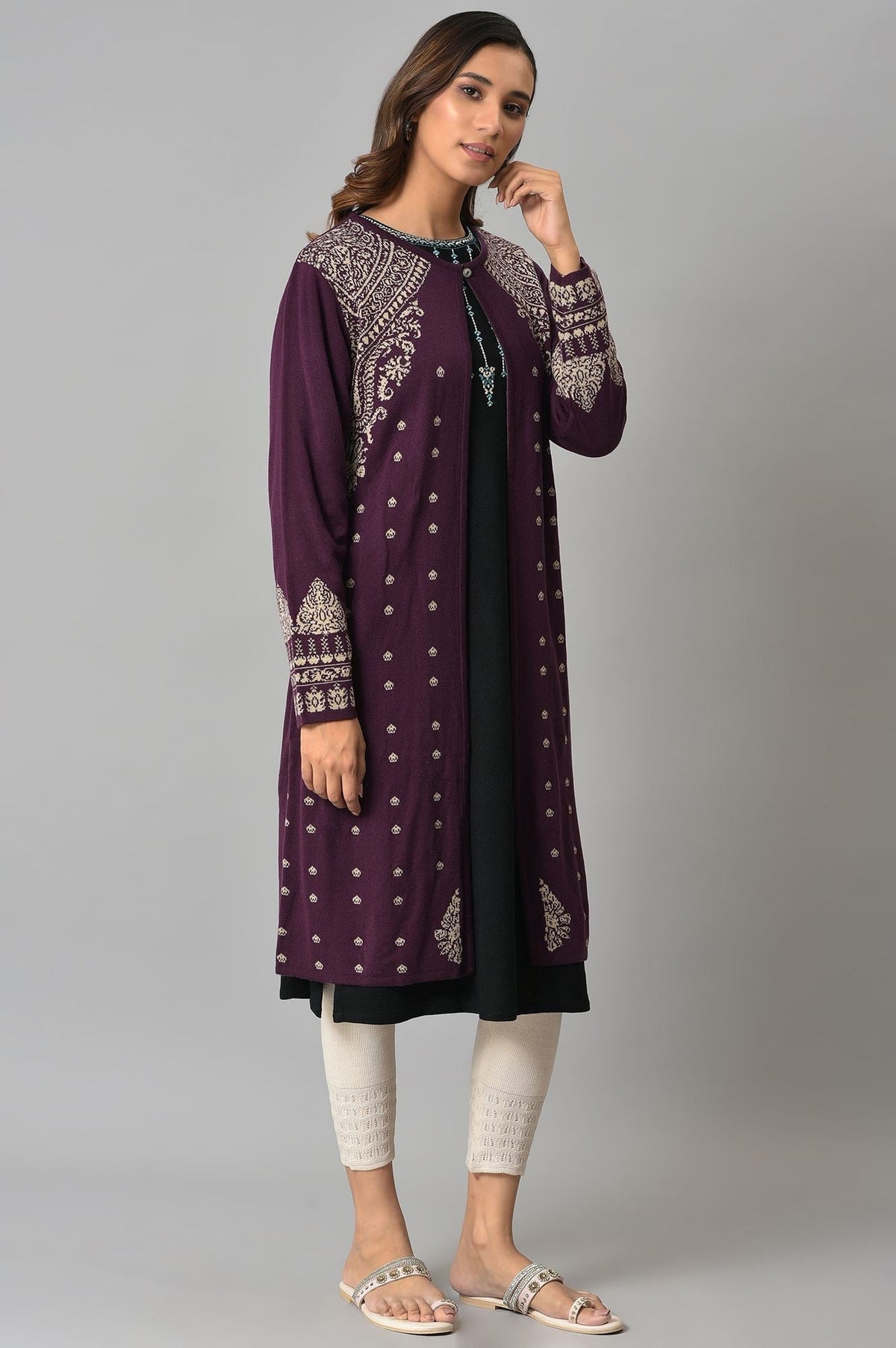 W for Woman Purple Reversible Jacqaurd Cardigan | Grocsy