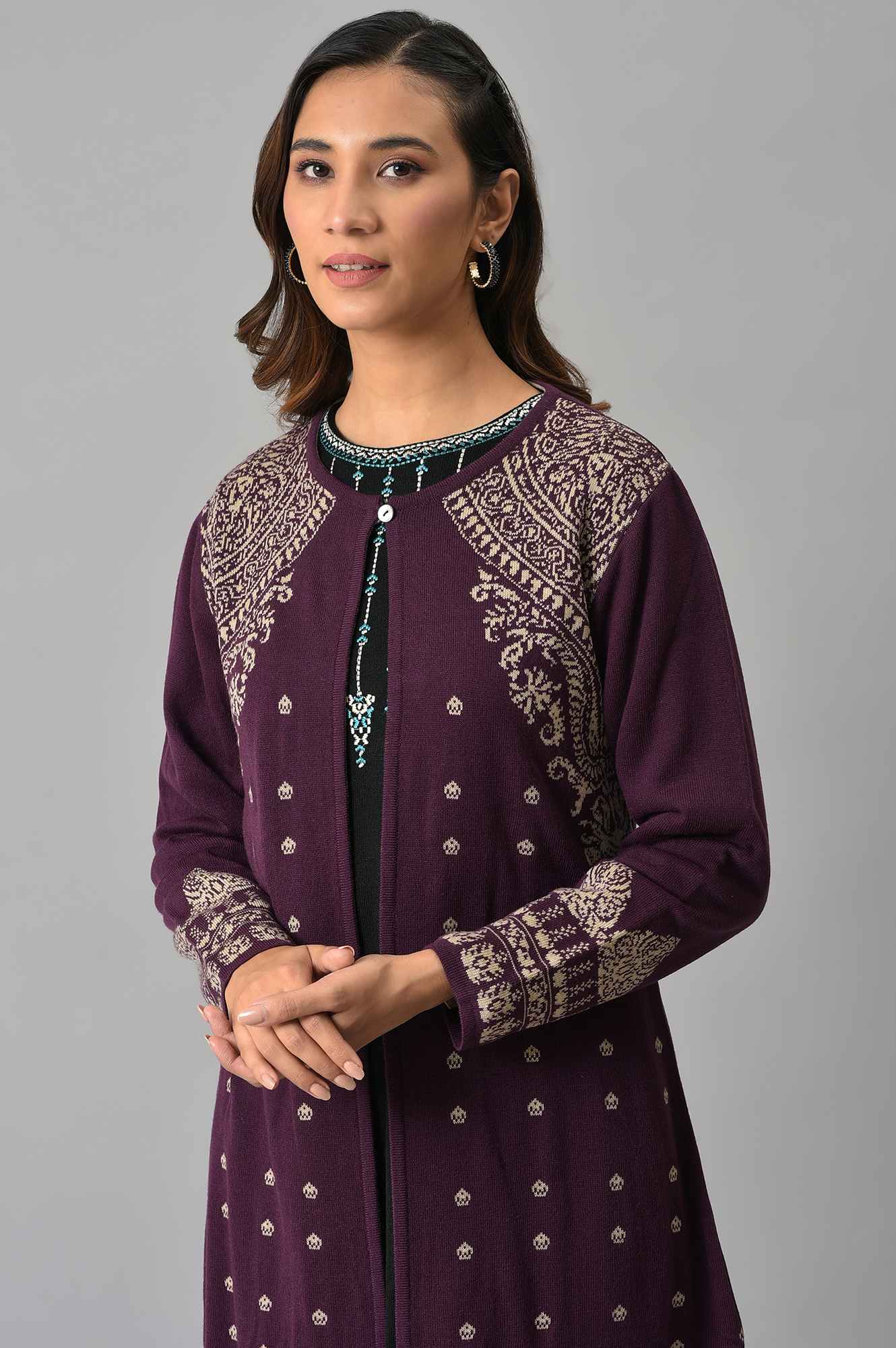 W for Woman Purple Reversible Jacqaurd Cardigan | Grocsy