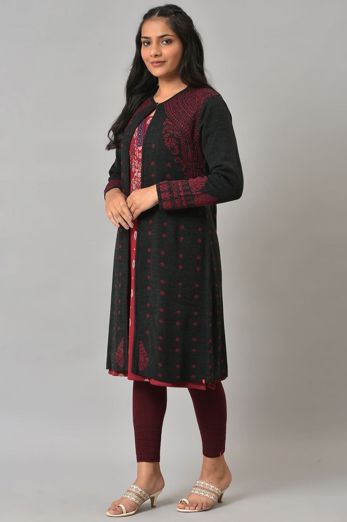 W for Woman Black Paisley Printed Reversiblle Cardigan | Grocsy