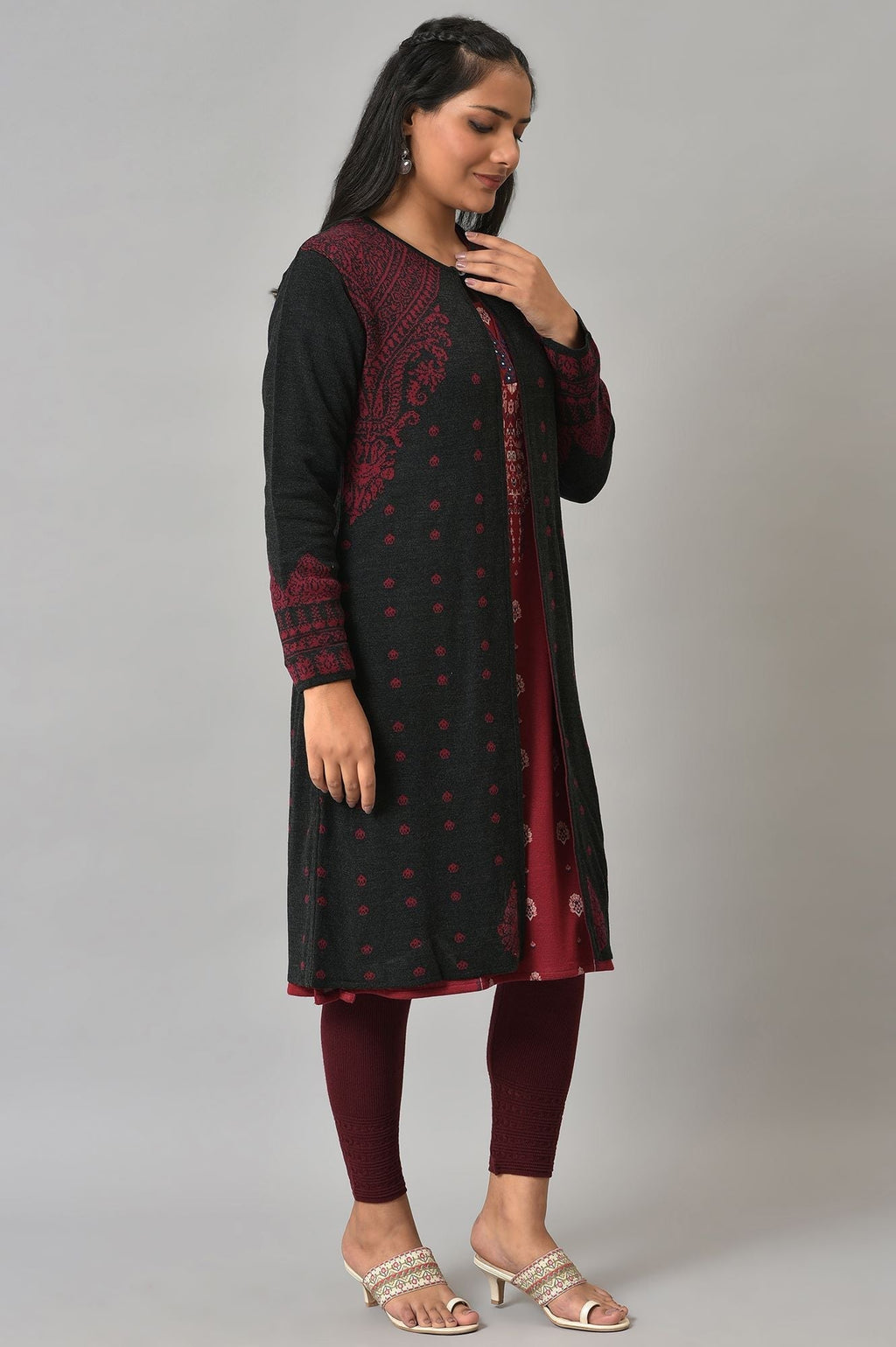W for Woman Black Paisley Printed Reversiblle Cardigan | Grocsy