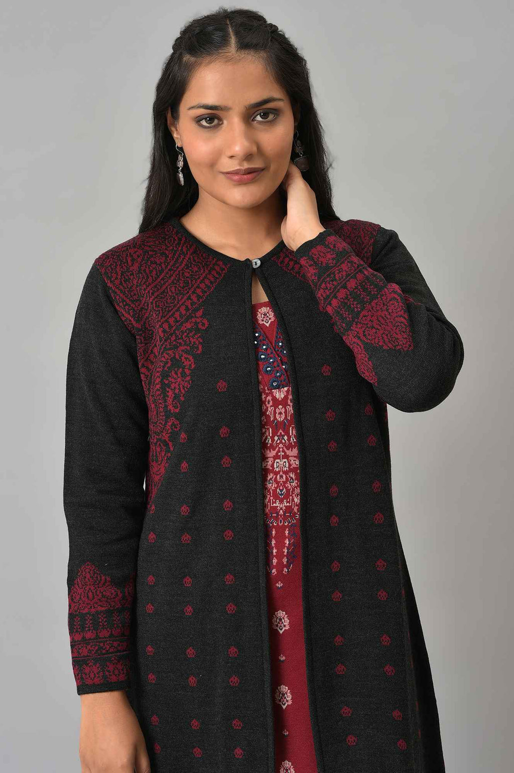 W for Woman Black Paisley Printed Reversiblle Cardigan | Grocsy