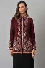 W for Woman Wine Paisley Printed Short Cardigan | Grocsy