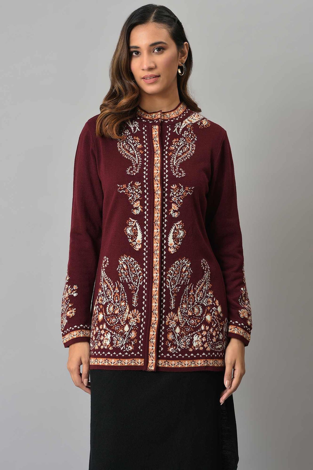 W for Woman Wine Paisley Printed Short Cardigan | Grocsy