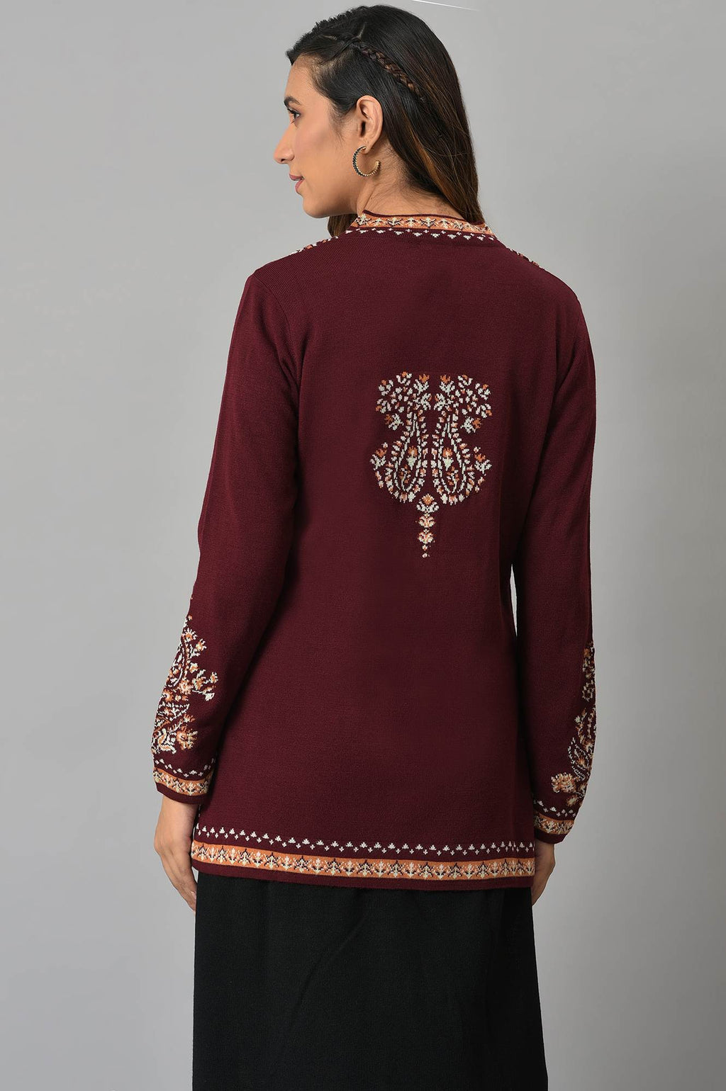 W for Woman Wine Paisley Printed Short Cardigan | Grocsy