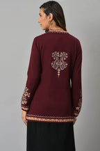 W for Woman Wine Paisley Printed Short Cardigan | Grocsy