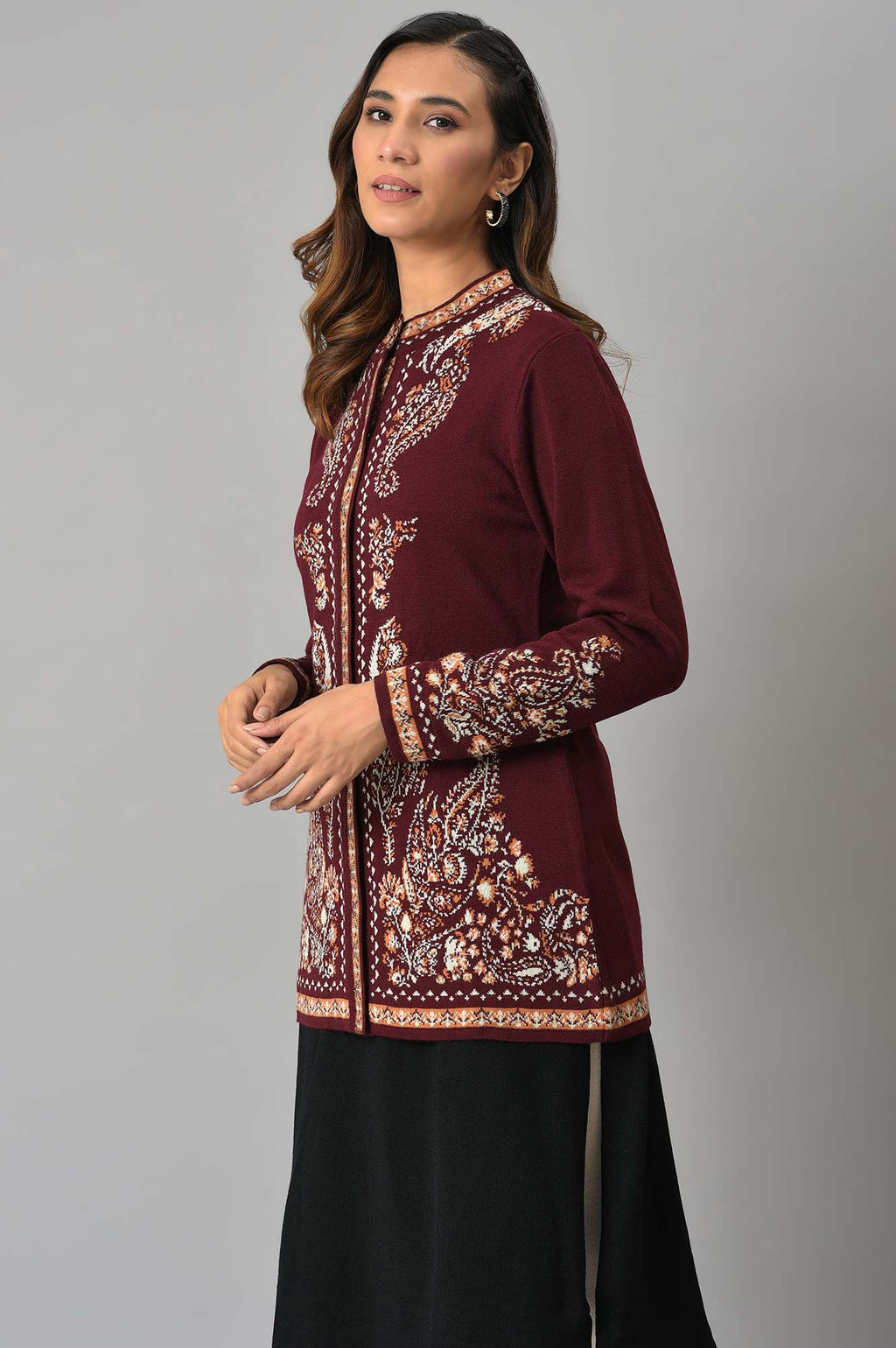 W for Woman Wine Paisley Printed Short Cardigan | Grocsy