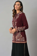W for Woman Wine Paisley Printed Short Cardigan | Grocsy