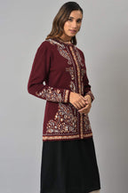 W for Woman Wine Paisley Printed Short Cardigan | Grocsy