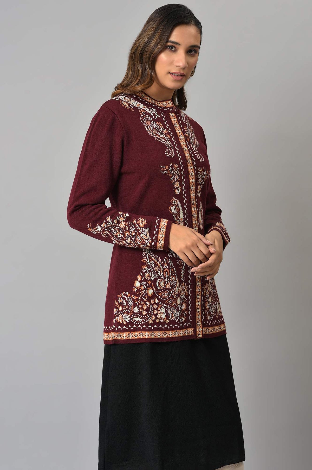 W for Woman Wine Paisley Printed Short Cardigan | Grocsy