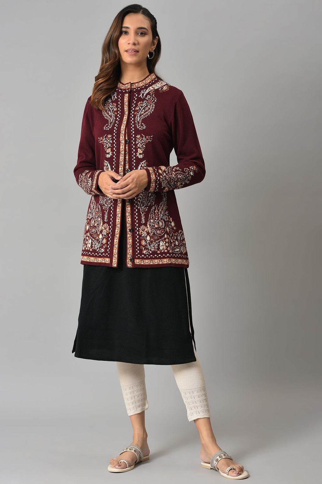 W for Woman Wine Paisley Printed Short Cardigan | Grocsy