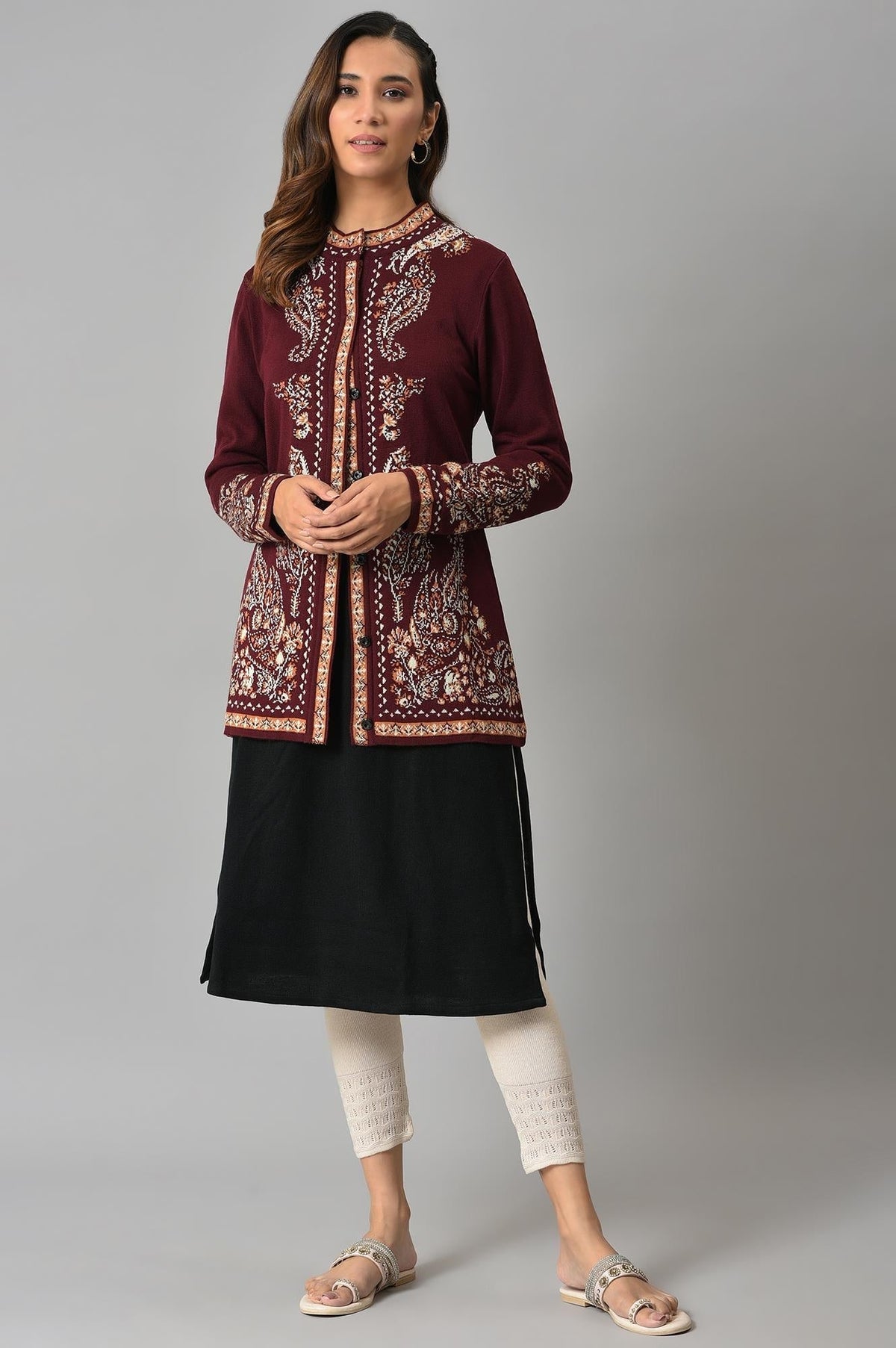 W for Woman Wine Paisley Printed Short Cardigan | Grocsy