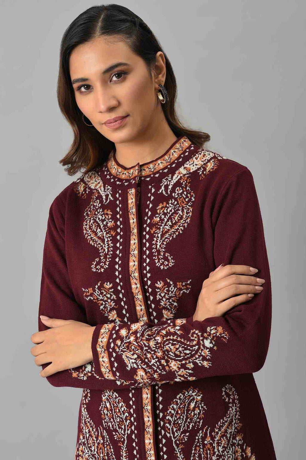 W for Woman Wine Paisley Printed Short Cardigan | Grocsy
