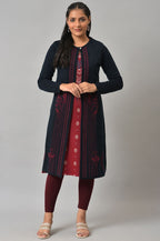 W for Woman Blue And Red Floral Printed Reversible Cardigan | Grocsy