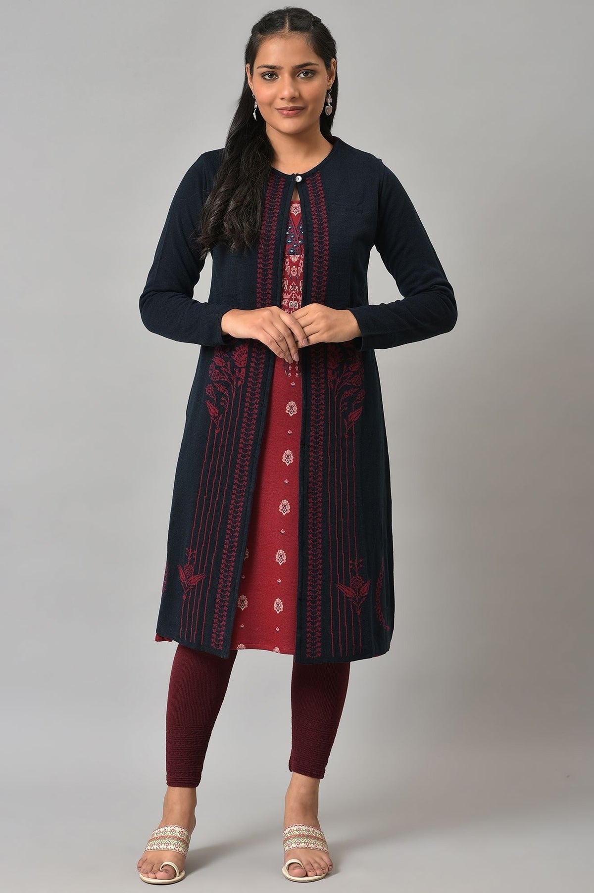 W for Woman Blue And Red Floral Printed Reversible Cardigan | Grocsy