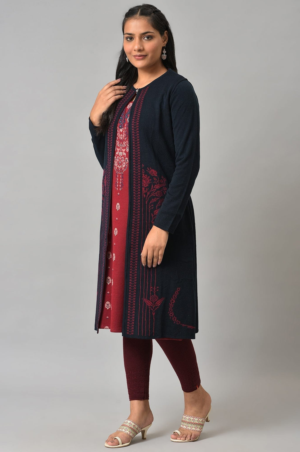 W for Woman Blue And Red Floral Printed Reversible Cardigan | Grocsy