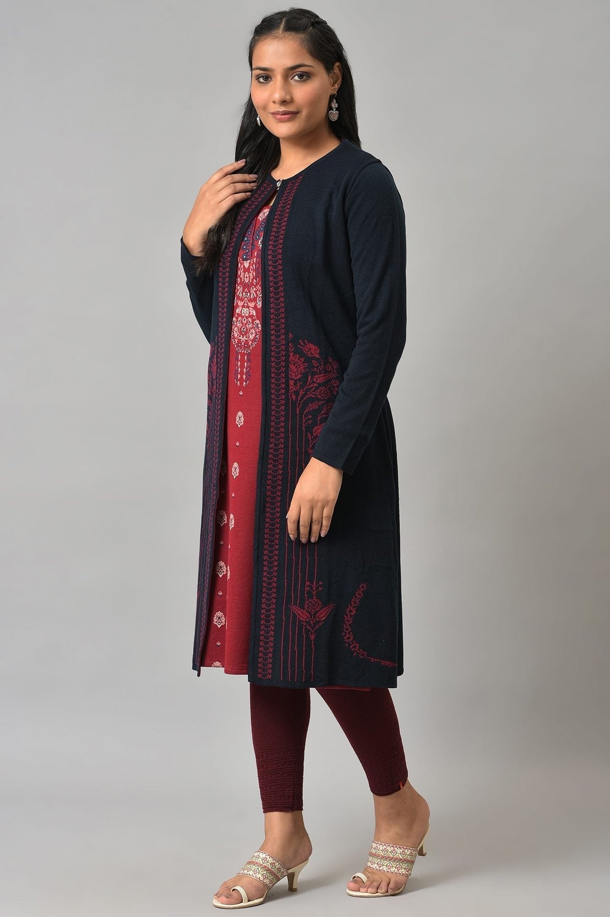 W for Woman Blue And Red Floral Printed Reversible Cardigan | Grocsy