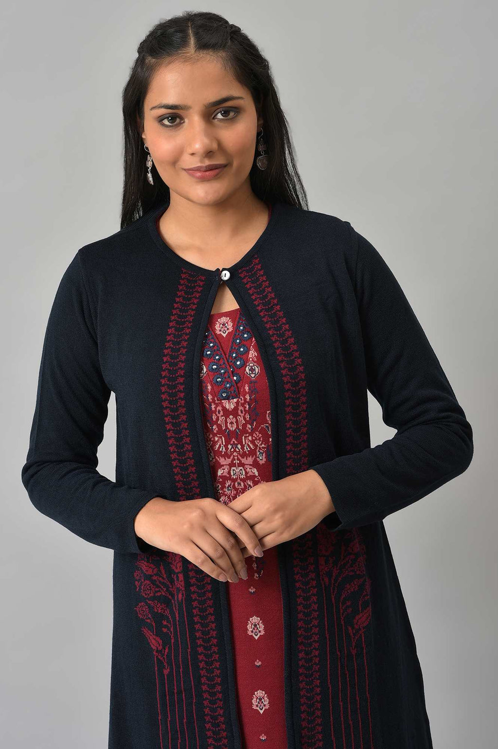 W for Woman Blue And Red Floral Printed Reversible Cardigan | Grocsy