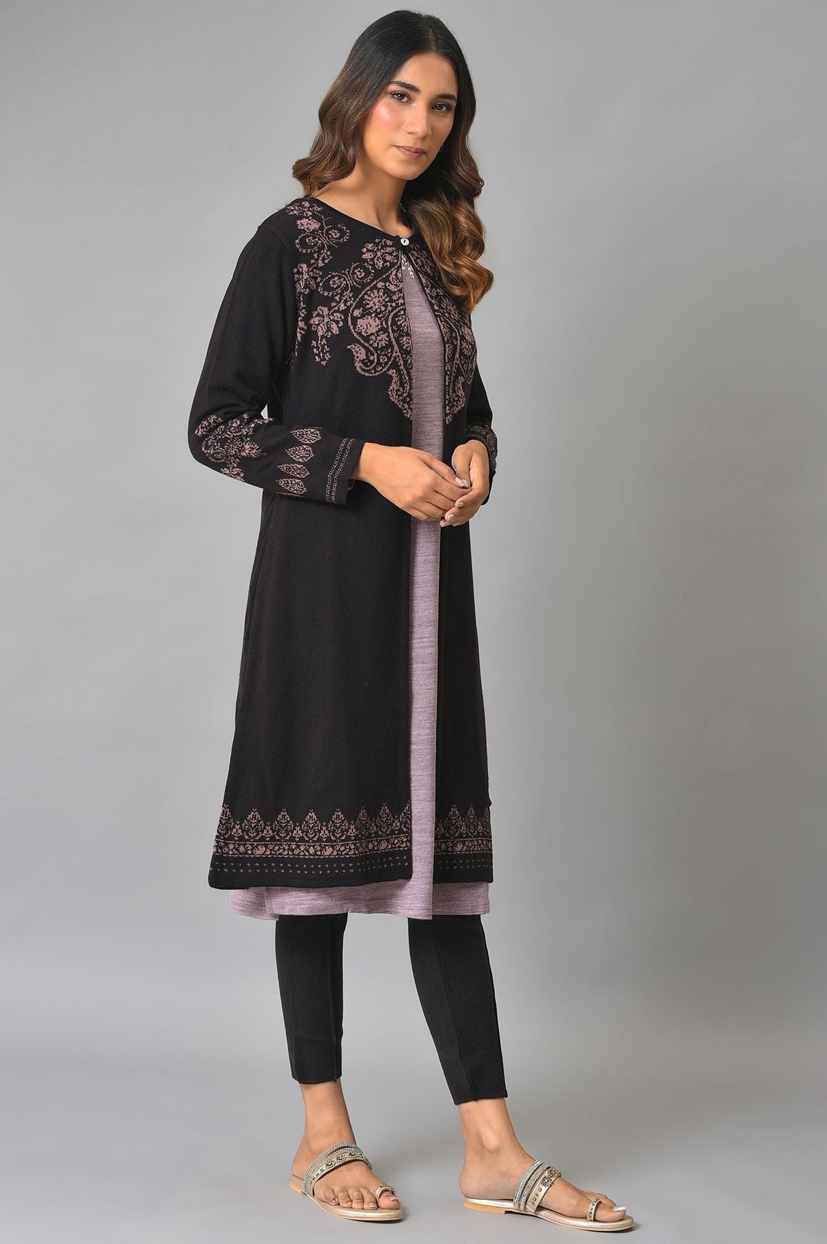 W for Woman Deep Brown And Pink Reversible Winter Cardigan | Grocsy