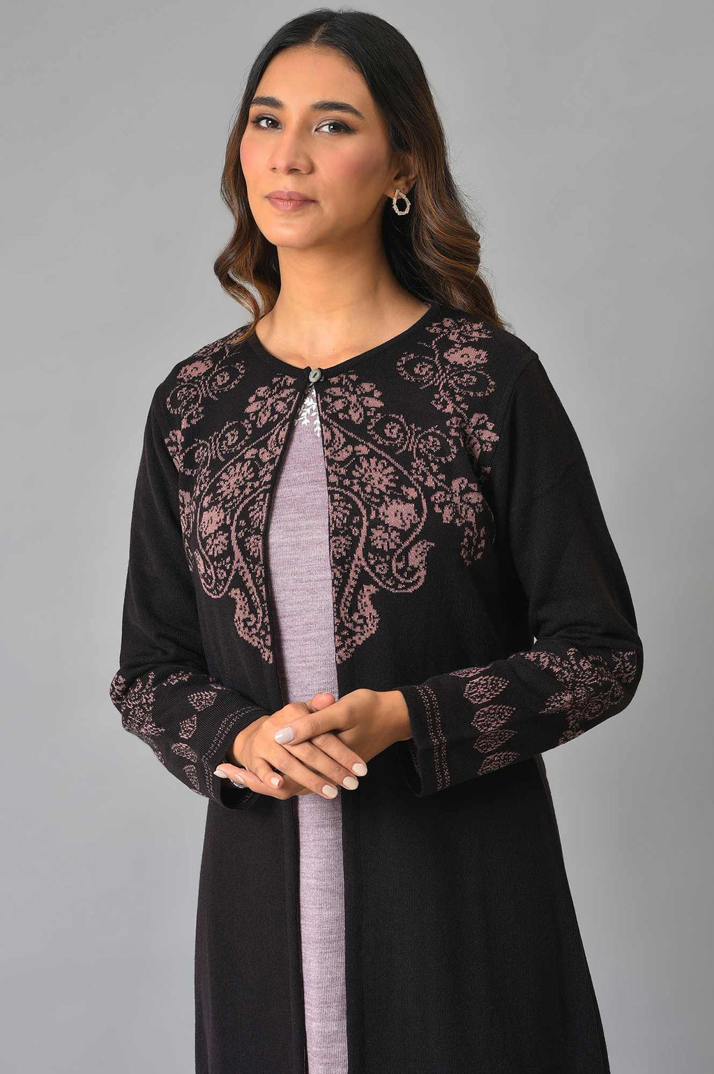 W for Woman Deep Brown And Pink Reversible Winter Cardigan | Grocsy